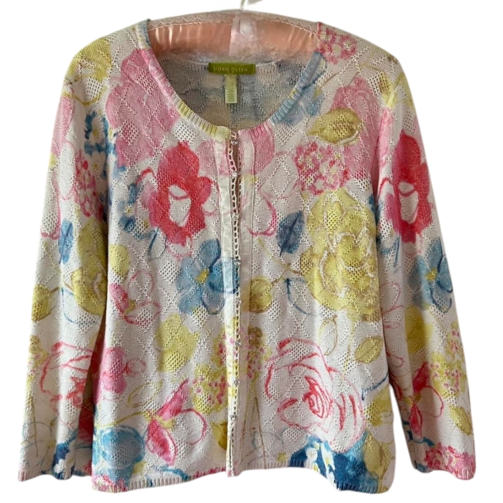 Sigrid Olsen Knit Floral Cardigan Cottage Coastal Preppy S